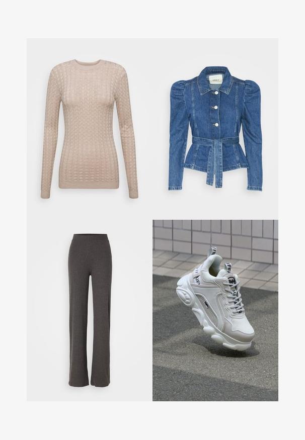 Denimiga jope, mille vöökoht on reguleeritav, kehaosa on kitsas ja õlavarred on puhvaariga. Keskmise sinise värvusega, struktureeritud disain ja ees nupulukud.; Beige pikkade varrukatega kampsun, millel on tekstureeritud muster, ümmargune kaelus ja soonikkoes mansetid. Valmistatud pehmest ja kergest kangast.; Hallide ribadega heledad püksid, laiade säärte ja veniva vöökohtaga. Kanga pind on tekstuuriga, mis tagab mugava istuvuse.; Valge tenniseking, mis on valmistatud võrgu- ja nahamaterjalidest, ümardatud varbaga, paksu tallaga, silmapaistvate paeltega ning brändingu ja sildiga kandadel ja keeltel.