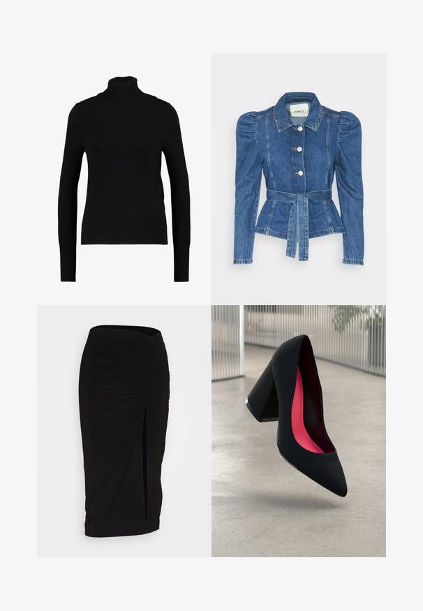 Veste en denim avec une taille ceinturée, un buste ajusté et des épaules bouffantes. Couleur bleu moyen, design structuré et fermetures à boutons sur le devant.; T-shirt noir à manches longues en maille côtelée légère ; présente une coupe ajustée et un col montant, sans embellissements supplémentaires.; Jupe crayon noire froncée avec détail à nouer et fente latérale. Fabriquée à partir d'un tissu extensible, elle présente une texture lisse et une coupe ajustée.; Chaussure à talon noir avec un bout pointu, surface texturée et un intérieur rose vif. Dotée d'un talon épais avec un accent en argent.