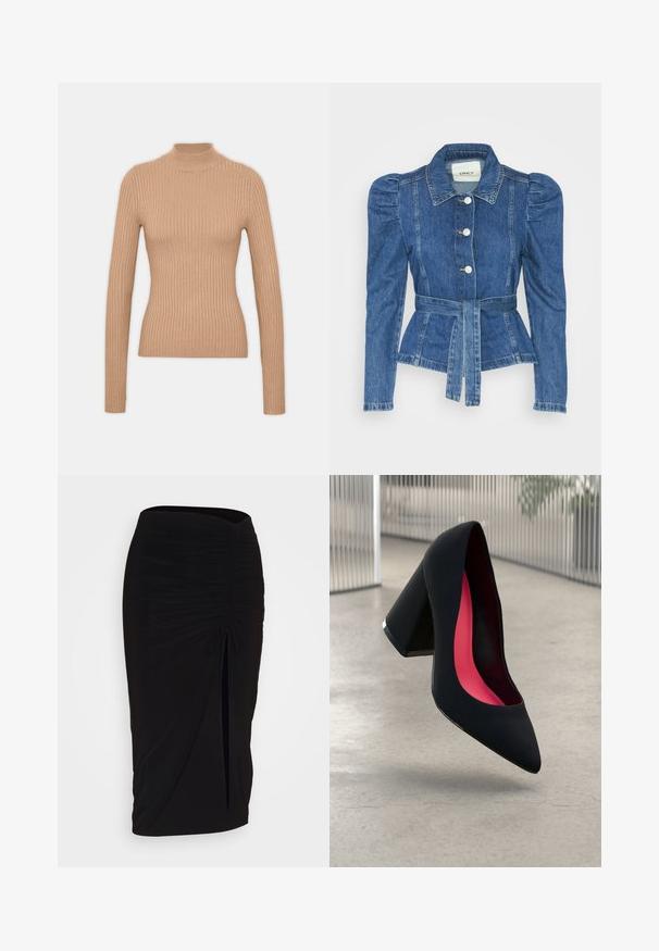 Veste en denim avec une taille ceinturée, un buste ajusté et des épaules bouffantes. Couleur bleu moyen, design structuré et fermetures à boutons sur le devant.; Pull à col roulé beige à côtes, avec des manches longues, un design cintré, une texture douce et un col haut.; Jupe crayon noire froncée avec détail à nouer et fente latérale. Fabriquée à partir d'un tissu extensible, elle présente une texture lisse et une coupe ajustée.; Chaussure à talon noir avec un bout pointu, surface texturée et un intérieur rose vif. Dotée d'un talon épais avec un accent en argent.