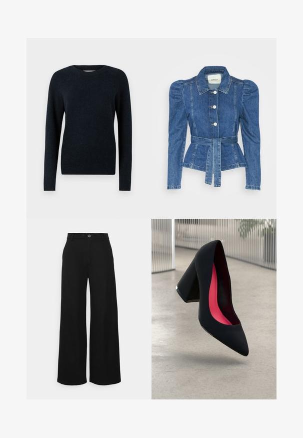 Jeansowa kurtka z pasem w talii, dopasowaną górą i bufiaste ramiona. Średni niebieski kolor, usztywniony fason oraz zapięcie na guziki z przodu.; Ciemnogranatowy sweter z okrągłym dekoltem, długimi rękawami i miękką, teksturowaną powierzchnią. Prosty krój bez wzorów czy ozdób.; Even&Odd Petite - Spodnie materiałowe; Czarna szpilka o spiczastym nosie, z teksturowaną powierzchnią i intensywnie różowym wnętrzem. Posiada masywny obcas z srebrnym akcentem.