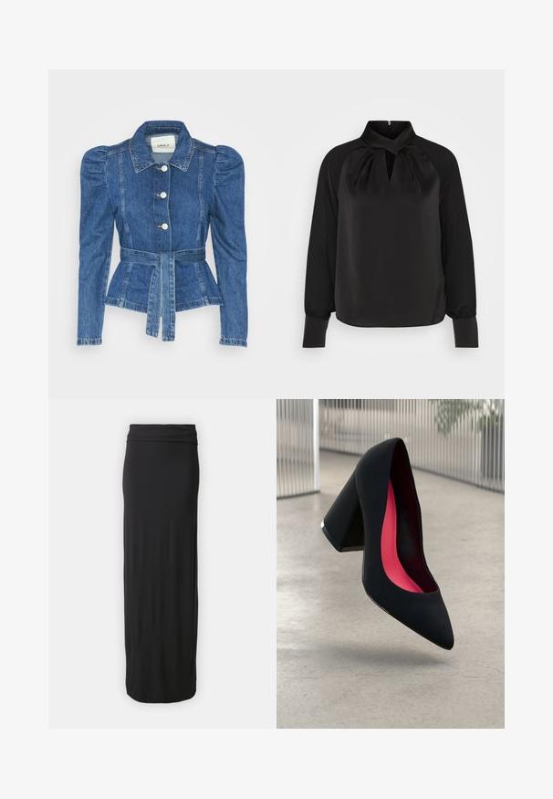 Spijkerjack met een ceintuur in de taille, een getailleerd lijfje en pofmouwen. Middelblauwe kleur, gestructureerd ontwerp en knoopsluitingen aan de voorkant.; Zwart satijnen blouse met een hoge kraag, geplooide details bij de hals en lange mouwen met aansluitende manchetten. Soepele textuur, minimalistisch ontwerp.; Zwarte, lange rok van zacht, rekbaar materiaal met een aansluitende tailleband. Eenvoudig, glad ontwerp zonder patronen of versieringen.; Zwarte hoge hak met een spitse neus, textuur op het oppervlak en een opvallend roze interieur. Beschikt over een chunky hak met zilveren accent.