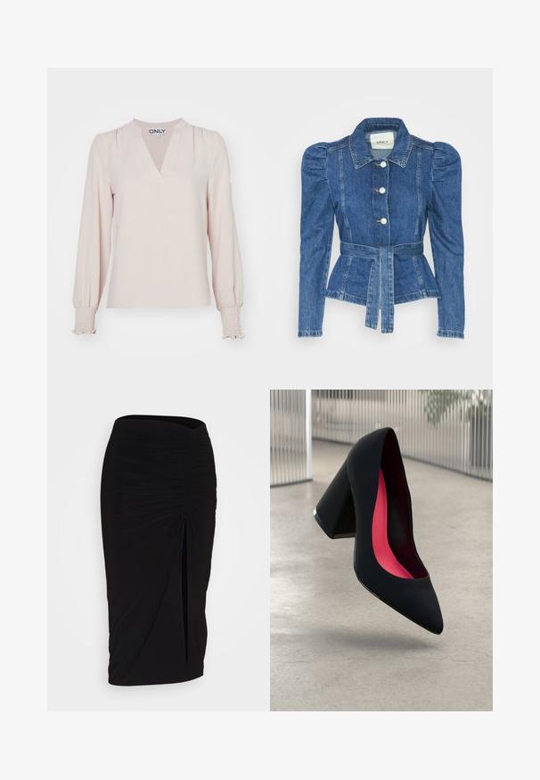 Casaco de ganga com cintura ajustada, corpete justo e ombros bufantes. Cor azul média, design estruturado e fecho frontal por botões.; Blusa em tom blush de manga longa com decote em V, ombros franzidos e punhos com elástico, feita de tecido leve. Design simples e elegante.; Saia lápis preta, franzida, com detalhe de laço e uma fenda lateral. Feita de um tecido elástico, apresenta uma textura suave e um design justo ao corpo.; Sapato de salto alto preto com bico puntiagudo, superfície texturizada e um interior vibrante em rosa. Apresenta um salto grosso com detalhe em prata.
