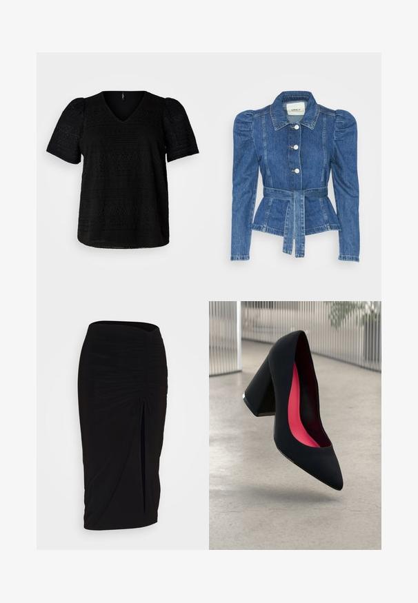 Veste en denim avec une taille ceinturée, un buste ajusté et des épaules bouffantes. Couleur bleu moyen, design structuré et fermetures à boutons sur le devant.; Haut noir à manches courtes avec un décolleté en V, doté de motifs texturés et d'une coupe légèrement ample, confectionné en tissu léger.; Jupe crayon noire froncée avec détail à nouer et fente latérale. Fabriquée à partir d'un tissu extensible, elle présente une texture lisse et une coupe ajustée.; Chaussure à talon noir avec un bout pointu, surface texturée et un intérieur rose vif. Dotée d'un talon épais avec un accent en argent.