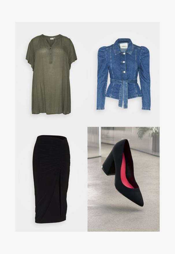 Veste en denim avec une taille ceinturée, un buste ajusté et des épaules bouffantes. Couleur bleu moyen, design structuré et fermetures à boutons sur le devant.; Kaffe Curve KCAMI - Tunique - grape leaf; Jupe crayon noire froncée avec détail à nouer et fente latérale. Fabriquée à partir d'un tissu extensible, elle présente une texture lisse et une coupe ajustée.; Chaussure à talon noir avec un bout pointu, surface texturée et un intérieur rose vif. Dotée d'un talon épais avec un accent en argent.