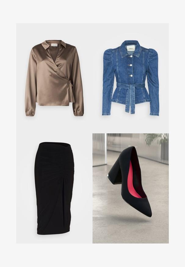 Denim jakna z pasom, prilegajoča bodica in napihnjena ramena. Srednje modra barva, strukturna zasnova in sprednje gumbne zanke.; Rjava satenasta bluzo s dolgimi rokavi, ovratnikom in stranskim trakom. Gladka tekstura z rahlim sijajem, ki ima obliko V-izreza.; Črna, nabrana svinčnik krilo z detajlom v obliki traku in stranskim razporkom. Narejeno iz raztegljive tkanine, ki se ponaša z gladko teksturo in oblikovanjem, ki se prilega telesu.; Črne visoke petke z nazobčanim prstom, teksturirano površino in živahnimi rožnatimi notranjimi deli. Imajo robustno peto z srebrnim akcentom.