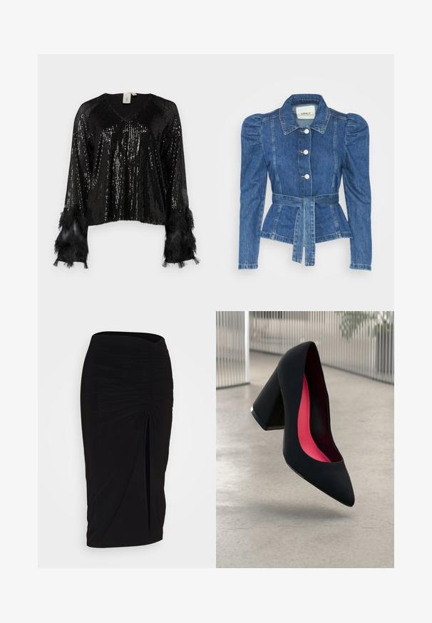 Jeansjacka med midjebälte, åtsittande liv och puffiga axlar. Mellanblå färg, strukturerad design och knäppning fram.; Svart paljett-topp med V-ringning, långa ärmar med svarta fransar, texturerade paljetter som täcker kroppen och en kortad passform.; Svart, rynkad pennkjol med knytning och en sidoslits. Tillverkad av ett elastiskt tyg, med en jämn yta och figurnära design.; Svart högklackad sko med spetsig tå, texturerad yta och en livlig rosa inredning. Har en kraftig klack med silverdetaljer.