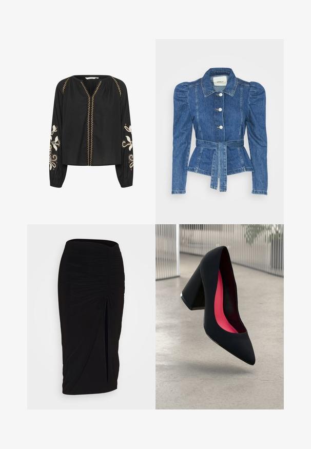 Riposso takki, jossa on vyöllinen vyötärö, istuva vartalo ja puffatut olkapäät. Keskisininen väri, rakenteellinen muotoilu ja etupainetut napit.; Musta, pitkähihaine paita, jossa on valkoisia kukkakirjailuja hihoissa; siinä on V-pääntie ja koristeellista kultalankaa edessä.; Musta, rypytetty kynähame, jossa on solmuseikkaus ja sivurako. Valmistettu joustavasta kankaasta, joka tarjoaa sileän pinnan ja vartaloon kiinnittyvän muodon.; Musta korkokenkä, jossa on terävä kärki, teksturoitu pinta ja kirkkaan vaaleanpunainen sisus. Varustettu tukevalla kannalla, jossa on hopeinen yksityiskohta.