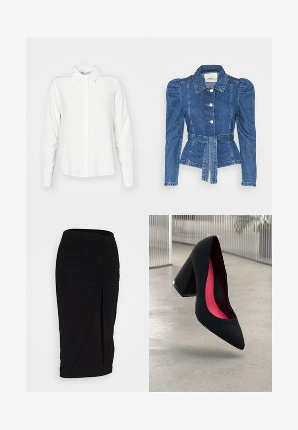 Spijkerjack met een ceintuur in de taille, een getailleerd lijfje en pofmouwen. Middelblauwe kleur, gestructureerd ontwerp en knoopsluitingen aan de voorkant.; Witte, langemouwen knoopshirt met kraag, gemaakt van gladde stof; heeft een rechte snit en een subtiele textuur.; Zwart langemouwen bodysuit met hoge hals, met een ondoorzichtige stof op het lichaam en transparante mouwtjes, ontworpen in een fitted model.; Zwarte, gerimpelde kokerrok met strikdetail en een zijsplit. Gemaakt van een rekbaar stof, met een soepele textuur en een aansluitend ontwerp.; Zwarte hoge hak met een spitse neus, textuur op het oppervlak en een opvallend roze interieur. Beschikt over een chunky hak met zilveren accent.