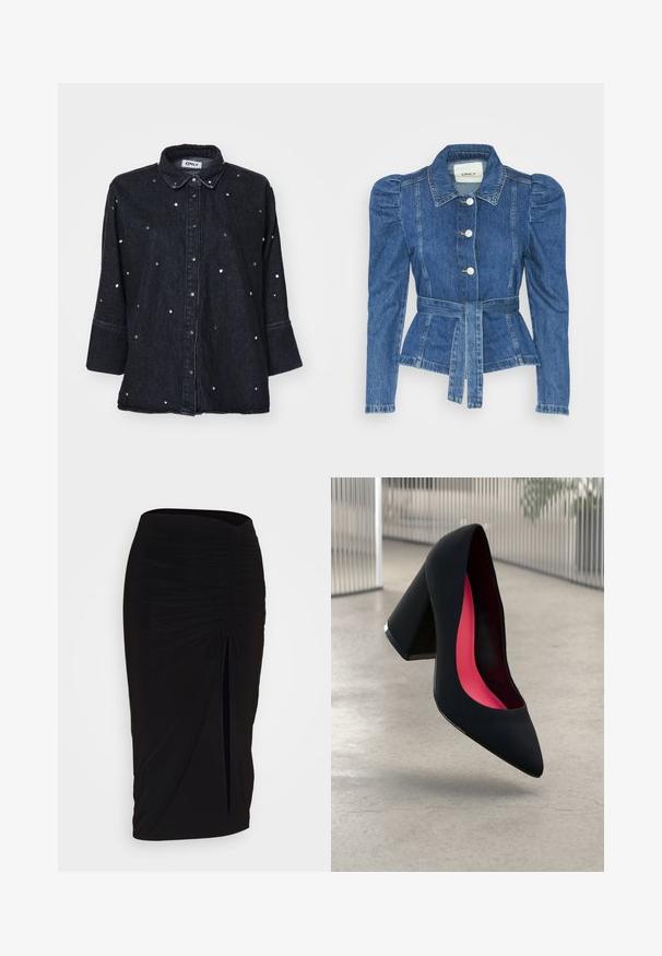 Chaqueta de mezclilla con cintura ceñida, cuerpo ajustado y hombros abullonados. Color azul medio, diseño estructurado y cierres frontales de botones.; ONLY ONLGRACE 3/4 RHINESTONE - Blusa - washed black; falda lápiz negra con fruncido, detalle de lazo y abertura lateral. Hecha de un tejido elástico, con una textura suave y un diseño ajustado.; Zapato de tacón alto negro con puntera afilada, superficie texturizada y un interior de un rosa vibrante. Presenta un tacón grueso con un acento plateado.