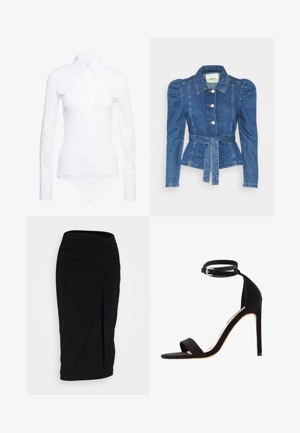 Veste en denim avec une taille ceinturée, un buste ajusté et des épaules bouffantes. Couleur bleu moyen, design structuré et fermetures à boutons sur le devant.; Bodysuit blanc à manches longues avec un col pointu, fermeture à boutons sur le devant et un tissu lisse et extensible. Silhouette ajustée, design minimaliste.; Jupe crayon noire froncée avec détail à nouer et fente latérale. Fabriquée à partir d'un tissu extensible, elle présente une texture lisse et une coupe ajustée.; Sandales à talons hauts en suede noir avec un design de bride simple, une ouverture à l'avant et une bride de cheville dotée d'une boucle en argent.