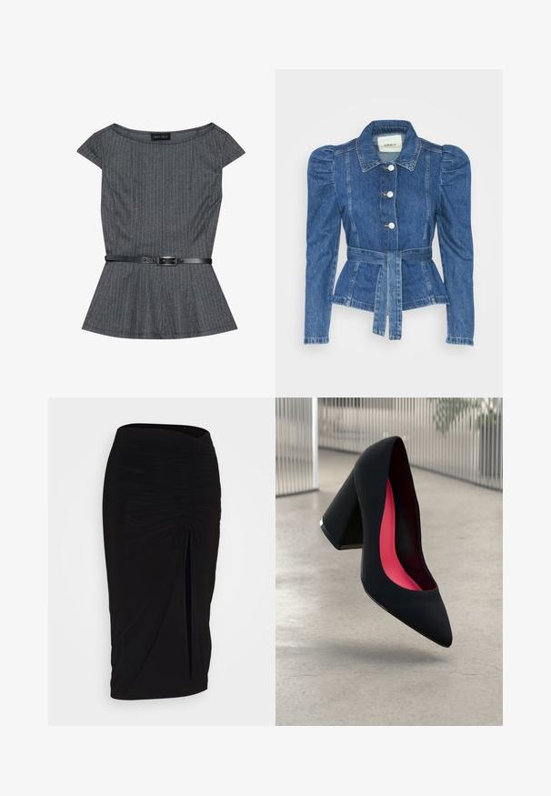 Traper jakna s pojasom u struku, prilagođenim tijelom i nabranim ramenima. Srednje plava boja, strukturirani dizajn i prednje kopčanje na tipke.; Sivi peplum top s tankim vertikalnim prugama, kratkim rukavima i crnim remenom s kopčom. Izrađen od teksturiranog materijala.; Crna, nabrana suknja olovka s detaljem vezanja i bočnim prorezom. Izrađena od rastezljivog materijala, s glatkom teksturom i prilagođenim dizajnom.; Crna cipele na visoku petu sa špicastim vrhom i teksturiranim gornjim dijelom. Unutrašnjost s jarko ružičastim podstavom. Kvadratna peta s metalnim detaljem na bazi.