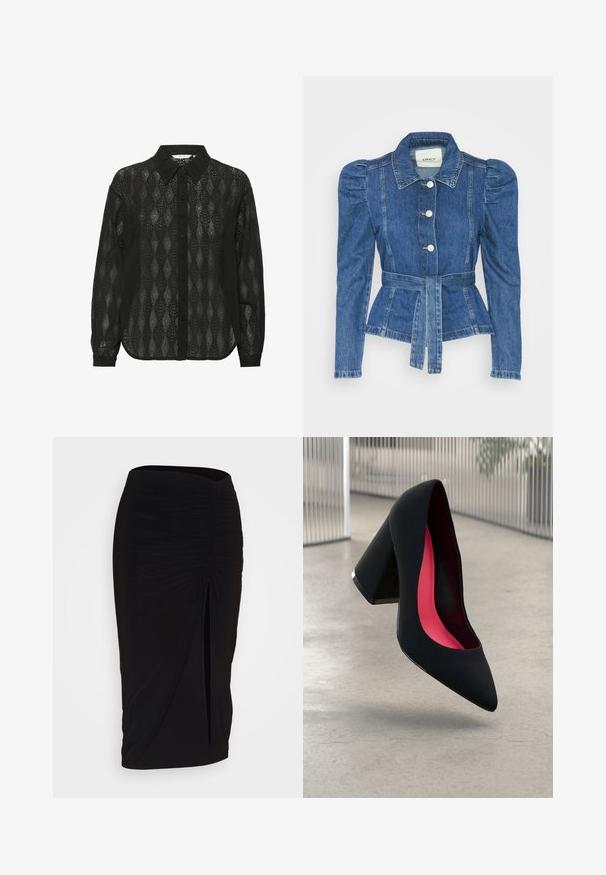 Džinsu jaka ar jostas vidukli, pieguļošu augšdaļu un pūšām plecu daļām. Vidēji zila krāsa, strukturēts dizains un priekšējie pogu aizdarījumi.; Melnā pogājamā krekla ar caurspīdīgu audumu, kas rotāts ar dimantu rakstu un ar norādītu apkakli. Garas piedurknes ar pogājamām aprocēm.; Melna, ručām veidota zīda svārku ar saišu detaļu un sānu izgriezumu. Izgatavota no elastīga auduma, ar gludu tekstūru un pieguļošu dizainu.; Melna augsta papēža kurpe ar smailu purngalu, teksturētu virsmu un dzīvespriecīgu rozā interjeru. Satur masīlu papēdi ar sudraba akcentu.