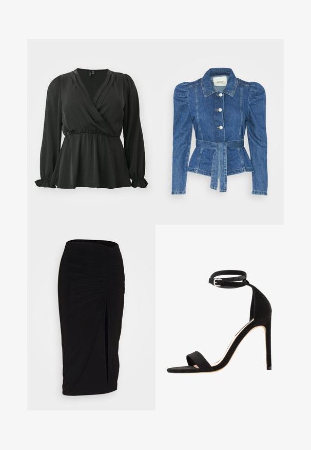 Denim jacket with a belted waist, fitted bodice, and puffed shoulders. Medium blue color, structured design, and front button closures.; Vero Moda Curve VMCMARY SMOCK - Blouse - black; Black, ruched pencil skirt with tie detail and a side slit. Made from a stretchy fabric, featuring a smooth texture and form-fitting design.; Black suede high-heeled sandals with a simple strap design, open toe, and ankle strap featuring a silver buckle.