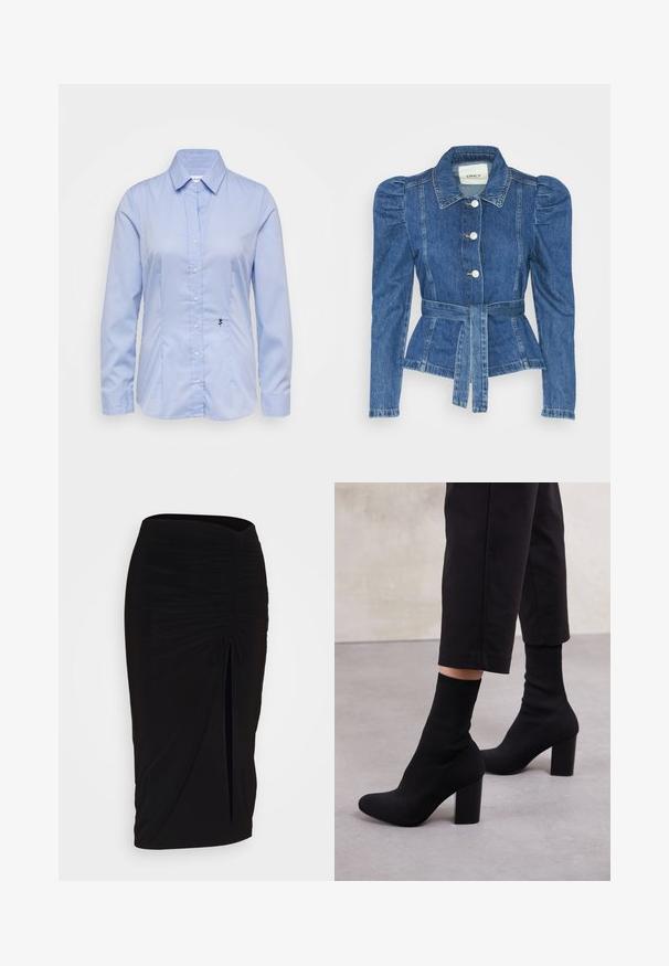 Jeansjacke mit tailliertem Schnitt, fitted Oberteil und gepufften Schultern. Mittelblaue Farbe, strukturierte Form und Frontknopfverschlüsse.; Himmelblaues, langärmliges Hemd mit Knopfverschluss aus glattem Stoff; verfügt über einen Kragen und eine kleine schwarze Rosenstickerei auf der linken unteren Seite.; Schwarzer, geraffter Bleistiftrock mit Bindegürtel und seitlichem Schlitz. Hergestellt aus einem dehnbaren Stoff, mit glatter Textur und figurschmeichelndem Design.; Schwarze, knöchelhohe Stiefel mit einem gerippten, sockenartigen Obermaterial, glatter Oberfläche, abgerundeter Zehenform und einem Blockabsatz für Stabilität.