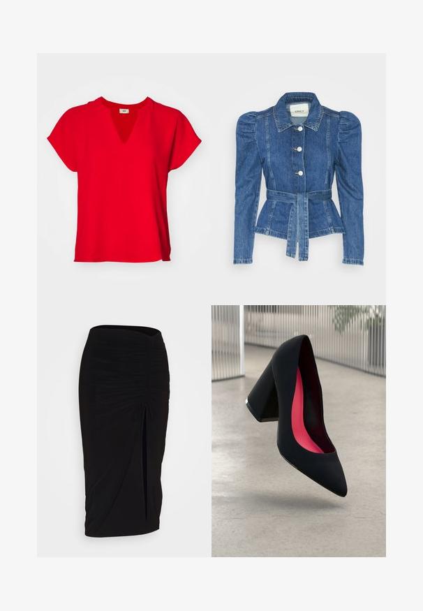 Casaco de ganga com cintura ajustada, corpete justo e ombros bufantes. Cor azul média, design estruturado e fecho frontal por botões.; Top curto vermelho de mangas curtas com decote em V e corte solto. Feito de um tecido macio com uma textura suave e sem padrões ou detalhes visíveis.; Saia lápis preta, franzida, com detalhe de laço e uma fenda lateral. Feita de um tecido elástico, apresenta uma textura suave e um design justo ao corpo.; Sapato de salto alto preto com bico puntiagudo, superfície texturizada e um interior vibrante em rosa. Apresenta um salto grosso com detalhe em prata.