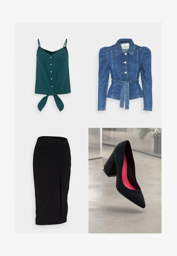 Denim jacket with a belted waist, fitted bodice, and puffed shoulders. Medium blue color, structured design, and front button closures.; Dark teal, sleeveless top with button-down front, V-neck, and tie knot at the waist. Made from a textured, lightweight fabric.; Black, ruched pencil skirt with tie detail and a side slit. Made from a stretchy fabric, featuring a smooth texture and form-fitting design.; Black high heel shoe with a pointed toe, textured surface, and a vibrant pink interior. Features a chunky heel with silver accent.