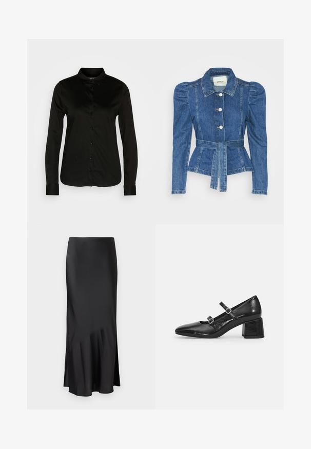 Denimiga jope, mille vöökoht on reguleeritav, kehaosa on kitsas ja õlavarred on puhvaariga. Keskmise sinise värvusega, struktureeritud disain ja ees nupulukud.; Musta pikkade varrukatega nööpide ja klassikalise kraega särk, valmistatud siledast kangast, millel on rida musti nööpe ja nööpidega mansetid.; Mustmust midi seelik, millel on sujuv disain, kergelt laienev alumine äär ja külgmine lõhik liikumisvabaduse tagamiseks. Sile tekstuur.; Mustad muste nahast Mary Jane kingad terava ninaga, kahe reguleeritava rihmaga ja paksu plokkniidi kontsaga. Sile tekstuur ja läikiv viimistlus.