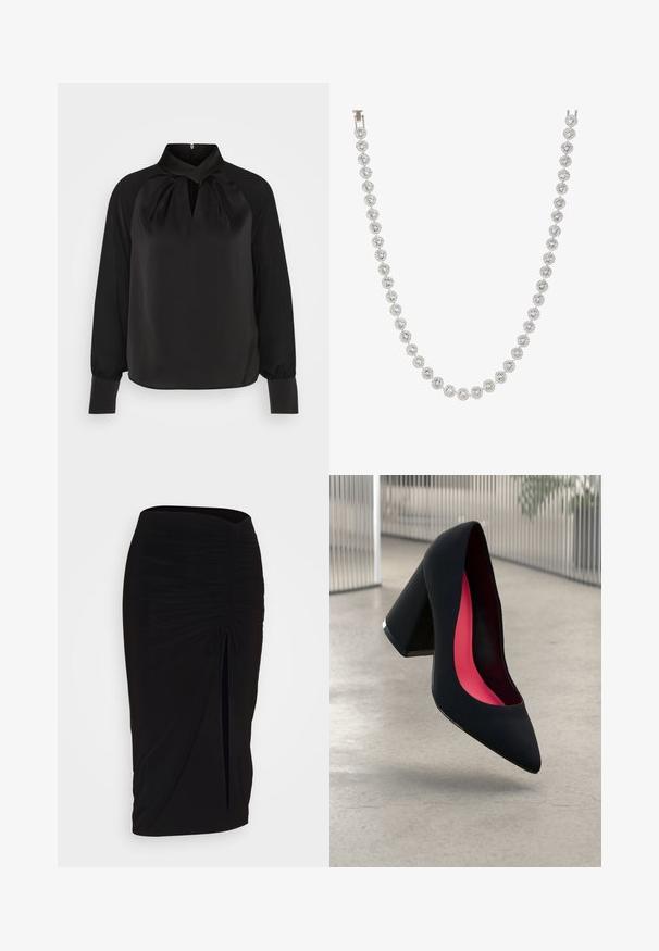 Casaco de ganga com cintura ajustada, corpete justo e ombros bufantes. Cor azul média, design estruturado e fecho frontal por botões.; Blusa de cetim preto com um colarinho alto, detalhes plissados no pescoço e mangas longas com punhos ajustados. Textura suave, design minimalista.; Saia lápis preta, franzida, com detalhe de laço e uma fenda lateral. Feita de um tecido elástico, apresenta uma textura suave e um design justo ao corpo.; Sapato de salto alto preto com bico puntiagudo, superfície texturizada e um interior vibrante em rosa. Apresenta um salto grosso com detalhe em prata.; Colar de prata com pedras preciosas redondas e transparentes dispostas num design circular, alternando com realces metálicos decorativos, textura suave.