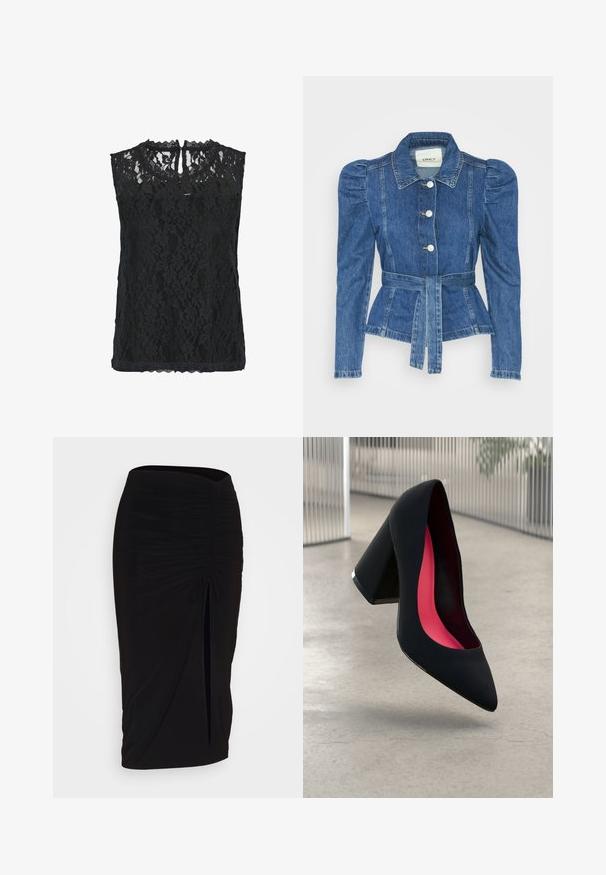 Jachetă din denim cu talie cu curea, bust ajustat și umeri bufanți. Culoare albastră medie, design structurat și închidere cu nasturi în față.; Top din dantelă neagră fără mâneci, cu un model floral, decolteu cu margini ondulate și spate cu deschidere tip clepsidră. Material ușor cu un finisaj texturat.; Fustă creion neagră, plisată, cu detalii cu fundă și o fanta laterală. Fabricată dintr-un material elastic, cu o textură netedă și un design care se mulează pe corp.; Cămașă cu toc înalt, neagră, cu vârful ascuțit, suprafață texturată și interior de un roz vibrant. Dispune de un toc gros cu accent argintiu.