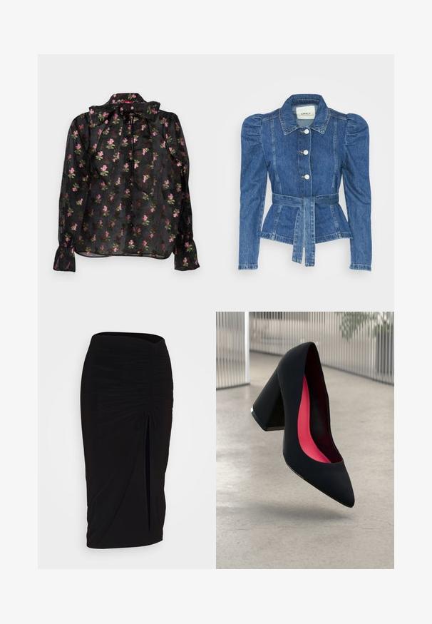 Denim jacket with a belted waist, fitted bodice, and puffed shoulders. Medium blue color, structured design, and front button closures.; Black sheer blouse with a floral pattern in pink and green, featuring a bow tie collar, button front, and long sleeves with gathered cuffs.; Black, ruched pencil skirt with tie detail and a side slit. Made from a stretchy fabric, featuring a smooth texture and form-fitting design.; Black high-heeled shoe with a pointed toe and a textured upper. Interior features bright pink lining. Square heel with metallic accent at the base.