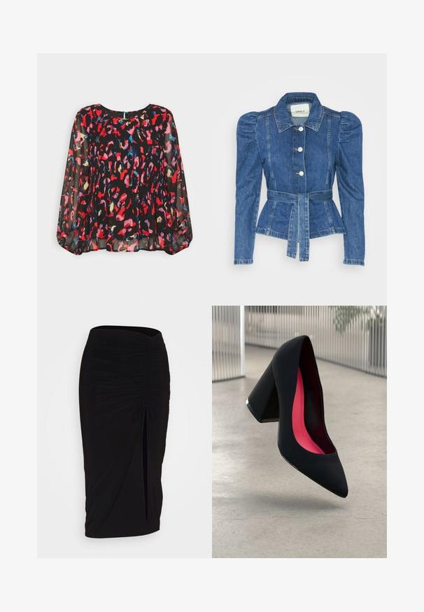 Casaco de ganga com cintura ajustada, corpete justo e ombros bufantes. Cor azul média, design estruturado e fecho frontal por botões.; Blusa preta translúcida com padrões abstratos vibrantes em vermelho, rosa, azul e dourado, design pregueado, mangas longas bufantes e fecho em forma de gota nas costas.; Saia lápis preta, franzida, com detalhe de laço e uma fenda lateral. Feita de um tecido elástico, apresenta uma textura suave e um design justo ao corpo.; Sapato de salto alto preto com bico puntiagudo, superfície texturizada e um interior vibrante em rosa. Apresenta um salto grosso com detalhe em prata.