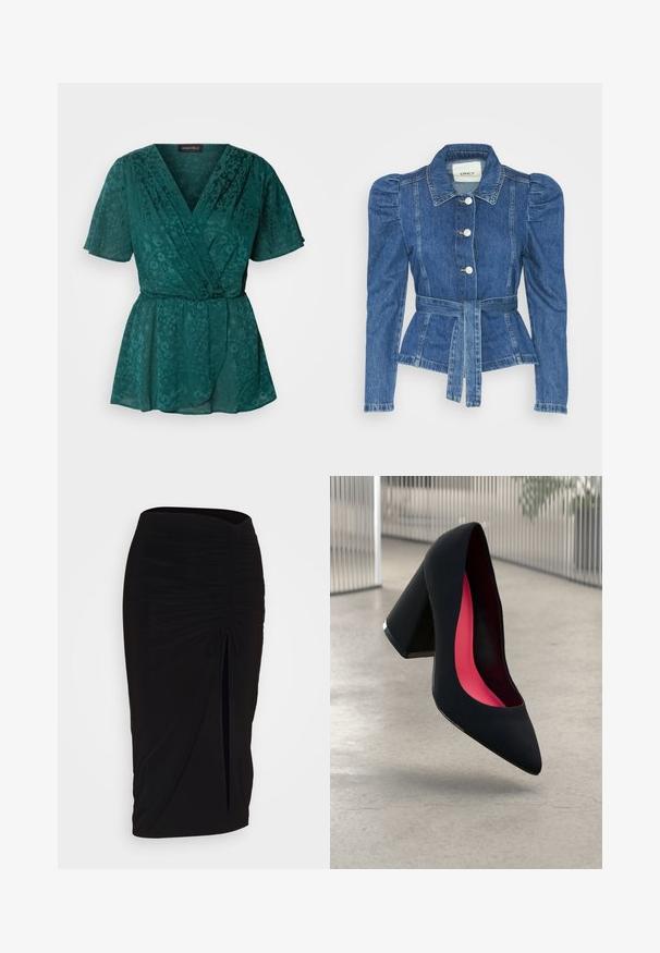 Giacca in denim con vita cintrata, corpino aderente e spalle imbottite. Colore blu medio, design strutturato e chiusura frontale con bottoni.; Top avvolgente leggero color teal con maniche corte, caratterizzato da motivi floreali, scollatura a V e una cintura da annodare in vita.; Gonna a tubino nera, arricciata, con dettaglio a fiocco e uno spacco laterale. Realizzata in un tessuto elasticizzato, presenta una texture liscia e un design aderente.; Scarpa con tacco alto nera, con punta affusolata, superficie testurizzata e un vivace interno rosa. Presenta un tacco spesso con un accento argentato.