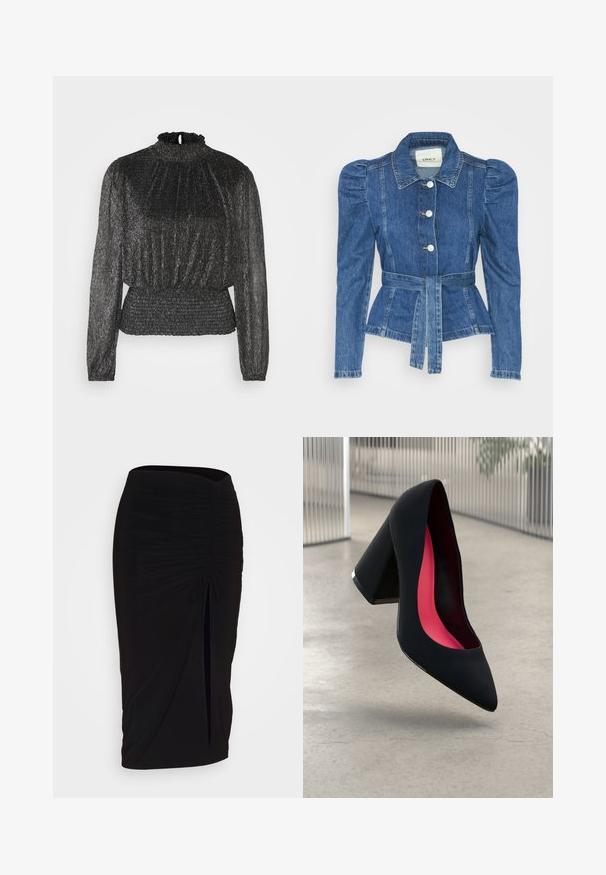 Jachetă din denim cu talie cu curea, bust ajustat și umeri bufanți. Culoare albastră medie, design structurat și închidere cu nasturi în față.; Top negru cu mâneci lungi, cu un guler strâns, textură pliată și talie elastică, având un luciu metalic subtil pe toată suprafața.; Fustă creion neagră, plisată, cu detalii cu fundă și o fanta laterală. Fabricată dintr-un material elastic, cu o textură netedă și un design care se mulează pe corp.; Cămașă cu toc înalt, neagră, cu vârful ascuțit, suprafață texturată și interior de un roz vibrant. Dispune de un toc gros cu accent argintiu.
