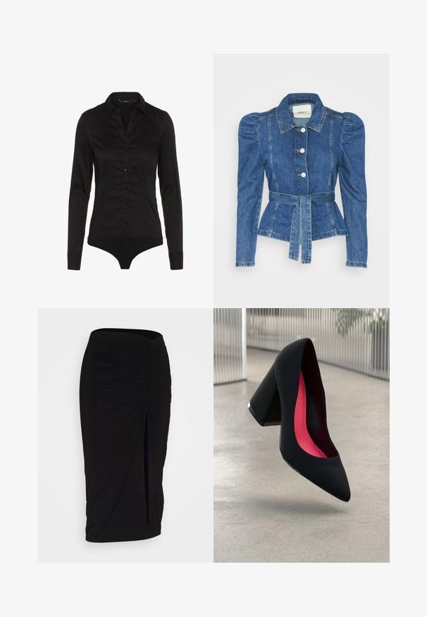 Denimjakke med beltedal, tætsiddende liv og puffede skuldre. Mellemblå farve, struktureret design og frontknaplukninger.; Sort langærmet bodystocking med krave, knaplukning foran og tætsiddende design. Fremstillet af glat stof med en elegant finish.; Sort, rynket blyantskørt med bindebånd og en sidelæg. Fremstillet af et strækbart stof, der har en glat overflade og en tætsiddende pasform.; Sort højhælet sko med spids tå, struktureret overflade og et livligt pink interiør. Har en kraftig hæl med sølvdetaljer.