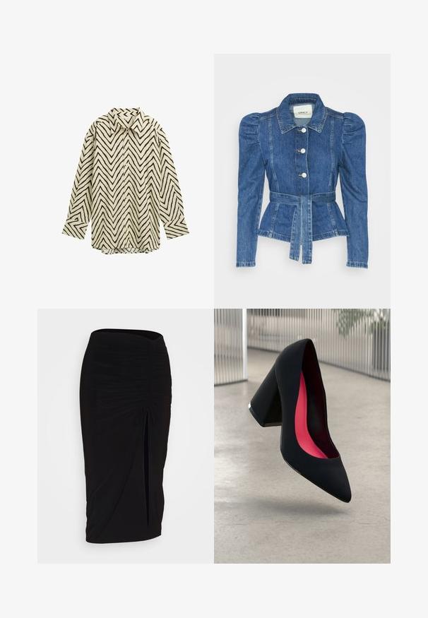 Jachetă din denim cu talie cu curea, bust ajustat și umeri bufanți. Culoare albastră medie, design structurat și închidere cu nasturi în față.; Cămașă cu mânecă lungă în crem, cu un model zigzag negru, având guler clasic, închidere cu nasturi și croială lejeră. Material moale cu textură.; Fustă creion neagră, plisată, cu detalii cu fundă și o fanta laterală. Fabricată dintr-un material elastic, cu o textură netedă și un design care se mulează pe corp.; Cămașă cu toc înalt, neagră, cu vârful ascuțit, suprafață texturată și interior de un roz vibrant. Dispune de un toc gros cu accent argintiu.