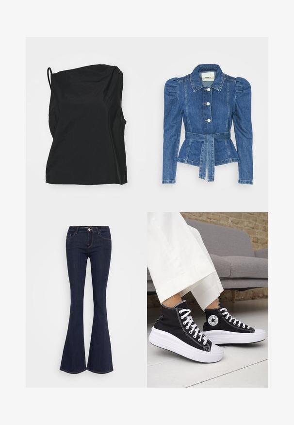 Denim jacket with a belted waist, fitted bodice, and puffed shoulders. Medium blue color, structured design, and front button closures.; Black sleeveless top made of lightweight fabric, featuring a relaxed fit, subtle texture, and an asymmetrical neckline.; Dark denim flared jeans with a fitted waist, featuring a front button closure, five-pocket design, and seam detailing along the legs.; Black high-top sneakers with white rubber soles and laces. Features a round logo patch and contrasting white stitching. Canvas material.