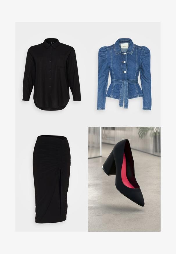 Veste en denim avec une taille ceinturée, un buste ajusté et des épaules bouffantes. Couleur bleu moyen, design structuré et fermetures à boutons sur le devant.; Chemise noire à manches longues avec un col, une poche avant et un ourlet arrondi. Fabriquée dans un tissu lisse et léger.; Jupe crayon noire froncée avec détail à nouer et fente latérale. Fabriquée à partir d'un tissu extensible, elle présente une texture lisse et une coupe ajustée.; Chaussure à talon noir avec un bout pointu, surface texturée et un intérieur rose vif. Dotée d'un talon épais avec un accent en argent.