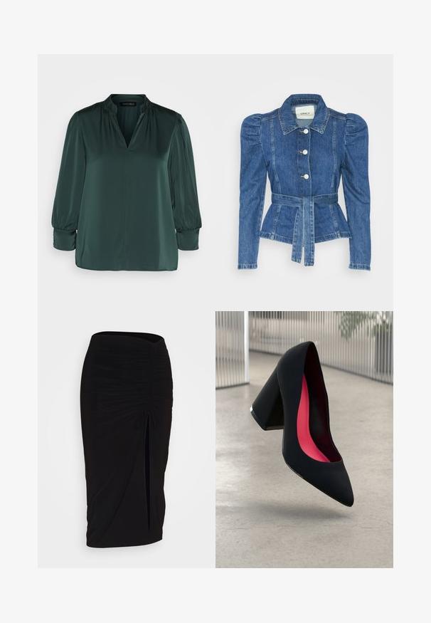 Giacca in denim con vita cintrata, corpino aderente e spalle imbottite. Colore blu medio, design strutturato e chiusura frontale con bottoni.; Blusa verde scuro realizzata in tessuto liscio, con scollatura a V, spalle arricciate e maniche lunghe con polsini elasticizzati. Design con orlo dritto.; Gonna a tubino nera, arricciata, con dettaglio a fiocco e uno spacco laterale. Realizzata in un tessuto elasticizzato, presenta una texture liscia e un design aderente.; Scarpa con tacco alto nera, con punta affusolata, superficie testurizzata e un vivace interno rosa. Presenta un tacco spesso con un accento argentato.