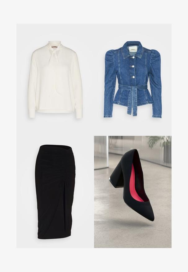 Denim jacket with a belted waist, fitted bodice, and puffed shoulders. Medium blue color, structured design, and front button closures.; White long-sleeve blouse with a tie-neck design, featuring a smooth texture and a relaxed fit. Simple and elegant, with no additional patterns.; Black, ruched pencil skirt with tie detail and a side slit. Made from a stretchy fabric, featuring a smooth texture and form-fitting design.; Black high heel shoe with a pointed toe, textured surface, and a vibrant pink interior. Features a chunky heel with silver accent.