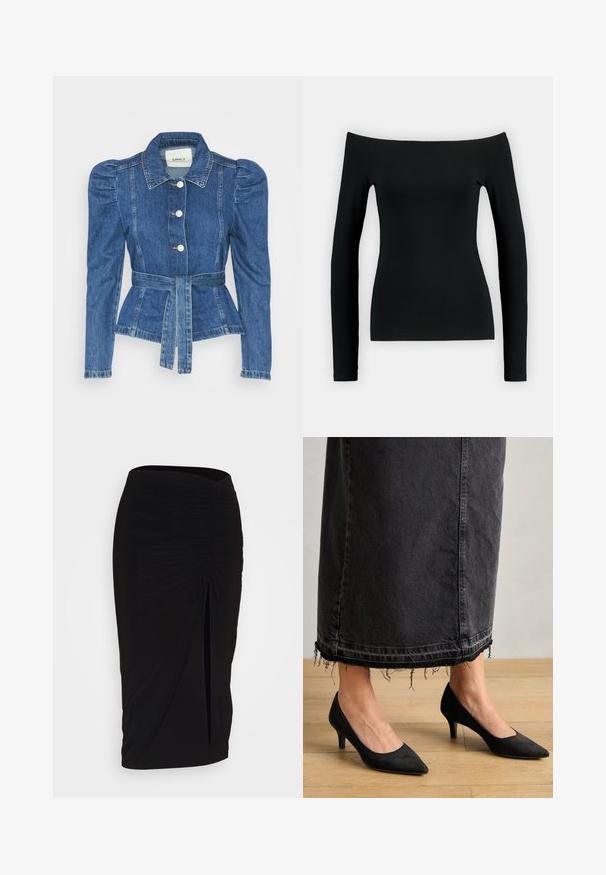 Giacca in denim con vita cintrata, corpino aderente e spalle imbottite. Colore blu medio, design strutturato e chiusura frontale con bottoni.; Maglietta nera a maniche lunghe con design scollato sulle spalle. Realizzata in tessuto morbido, presenta una forma aderente e una costruzione senza cuciture.; Gonna a tubino nera, arricciata, con dettaglio a fiocco e uno spacco laterale. Realizzata in un tessuto elasticizzato, presenta una texture liscia e un design aderente.; Décolleté in suede nero con punta affilata e tacco di 3 pollici, abbinati a una lunga gonna in denim scuro con dettagli di orlo sfrangiato.