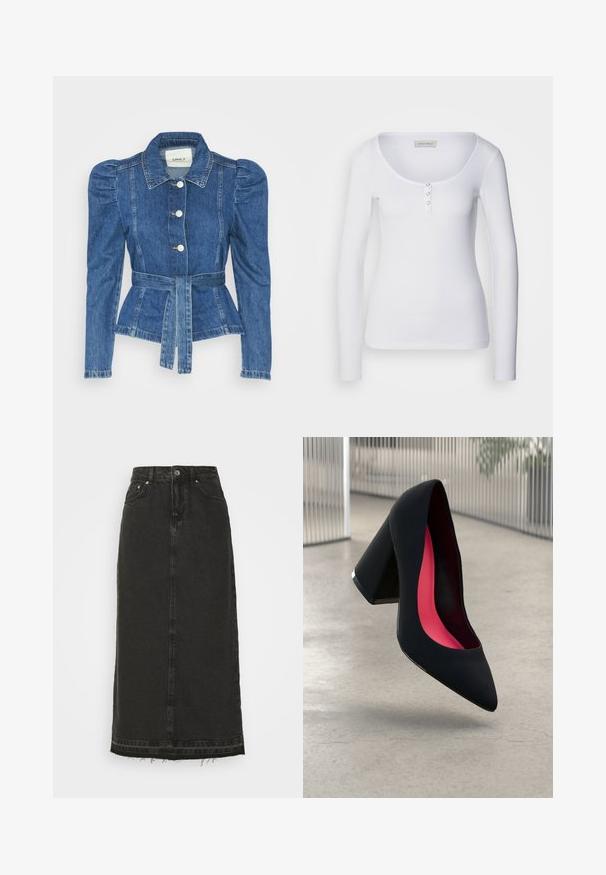 Denim jakna z pasom, prilegajoča bodica in napihnjena ramena. Srednje modra barva, strukturna zasnova in sprednje gumbne zanke.; Bela majica z dolgimi rokavi z okroglim izrezom, ribasto teksturo in tremi srebrnimi gumbi na sprednjem plastronu.; Črna denim midi krila z oprijetim pasom, sprednjim gumbnim zapiranjem in razfrkanim robom. Ima klasičen dizajn s petimi žepi in rahlo teksturo.; Črne visoke petke z nazobčanim prstom, teksturirano površino in živahnimi rožnatimi notranjimi deli. Imajo robustno peto z srebrnim akcentom.