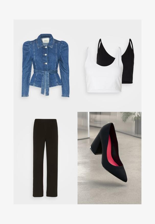 Denimiga jope, mille vöökoht on reguleeritav, kehaosa on kitsas ja õlavarred on puhvaariga. Keskmise sinise värvusega, struktureeritud disain ja ees nupulukud.; Kaks puuvillast crop topi, valge ja must. Igal on sügav kaelus ja õhukesed õlapaelad, ning need on valmistatud siledast, pehmest materjalist.; Mustad, sirged jalad, mis on valmistatud kootud kangast, millel on lame esiosa, kaks külgtaskut ja sile tekstuur. Ilma nähtavate mustrite või aktsentideta.; Mustad must kõrged kontsad, terava ninaga, tekstuurse pinnaga ning erksa roosa sisemusega. Omab paksu kontsa koos hõbedase aktsendiga.