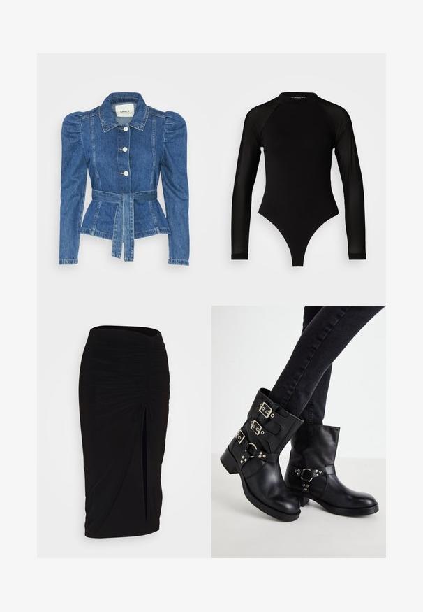 Denimo striukė su dirželiu liemens srityje, prigludusia forma ir pūstomis pečių dalimis. Vidutinio mėlynumo spalva, struktūrizuotas dizainas ir priekiniai mygtukų užsegimai.; Juodas ilgomis rankovėmis bodis su aukštu kaklu, turintis tvirto audinio torso ir permatomų tinklinių rankovių, sukurtas prigludusio silueto.; Juoda, raukšlėta pieštuko sijonas su raišteliu ir šoniniu įpjovimu. Pagamintas iš elastingos medžiagos, pasižymi lygiu paviršiumi ir prigludusia forma.; Juodos odinės kulkšninės botai su trimis užsegimais, apvalia nosimi ir žemu bloku padais. Dizainas apima lygius ir tekstūrinius panelius.