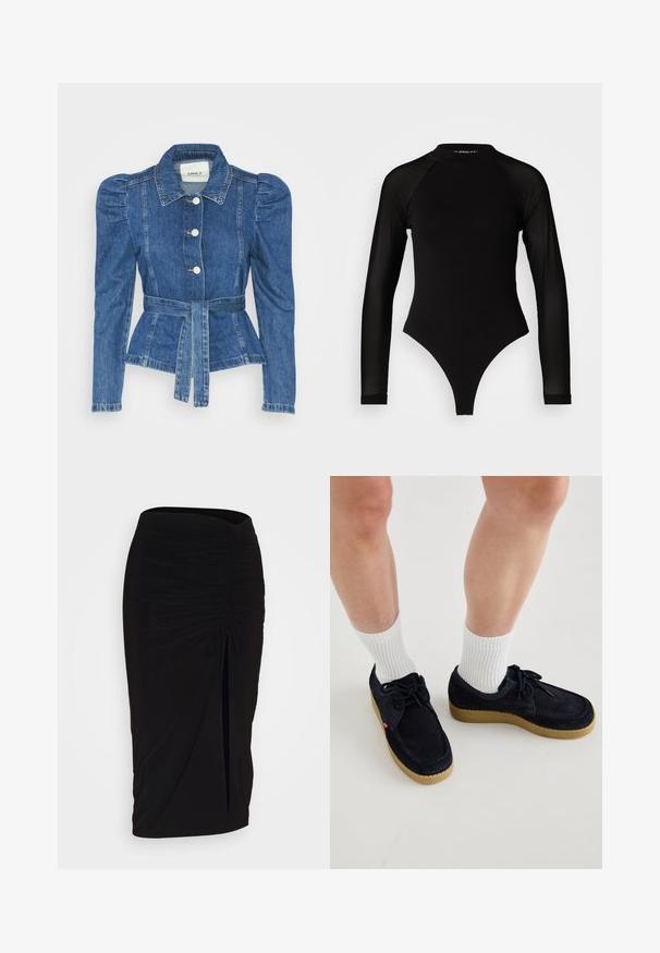 Casaco de ganga com cintura ajustada, corpete justo e ombros bufantes. Cor azul média, design estruturado e fecho frontal por botões.; Body preto de manga longa com gola alta, apresentando tecido sólido no tronco e mangas transparentes em rede, desenhado em forma ajustada.; Saia lápis preta, franzida, com detalhe de laço e uma fenda lateral. Feita de um tecido elástico, apresenta uma textura suave e um design justo ao corpo.; Sapatos em camurça azul-marinho com bico redondo, design de atacador e sola de borracha na cor creme. Usados com meias brancas caneladas.