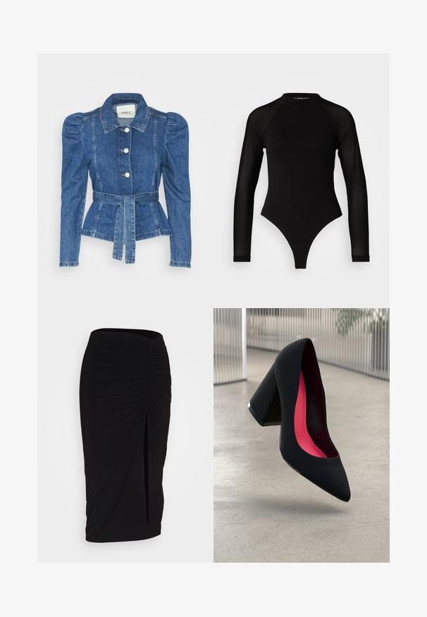 Casaco de ganga com cintura ajustada, corpete justo e ombros bufantes. Cor azul média, design estruturado e fecho frontal por botões.; Body preto de manga longa com gola alta, apresentando tecido sólido no tronco e mangas transparentes em rede, desenhado em forma ajustada.; Saia lápis preta, franzida, com detalhe de laço e uma fenda lateral. Feita de um tecido elástico, apresenta uma textura suave e um design justo ao corpo.; Sapato de salto alto preto com bico puntiagudo, superfície texturizada e um interior vibrante em rosa. Apresenta um salto grosso com detalhe em prata.