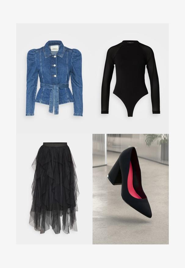 Giacca in denim con vita cintrata, corpino aderente e spalle imbottite. Colore blu medio, design strutturato e chiusura frontale con bottoni.; Bodysuit nero a maniche lunghe con collo alto, caratterizzato da un tessuto solido sul torso e maniche in rete trasparente, progettato con una forma aderente.; Gonna nera in tulle con volant sovrapposti, dotata di un elastico in vita e lunghezze variabili. La trasparenza del tessuto aumenta la profondità visiva.; Scarpa con tacco alto nera, con punta affusolata, superficie testurizzata e un vivace interno rosa. Presenta un tacco spesso con un accento argentato.