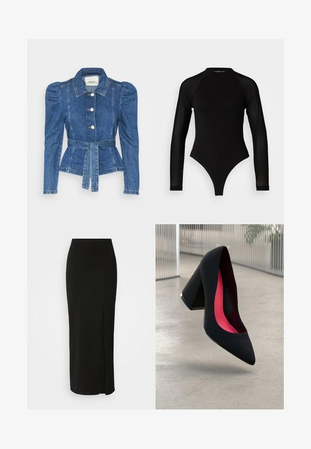 Chaqueta de mezclilla con cintura ceñida, cuerpo ajustado y hombros abullonados. Color azul medio, diseño estructurado y cierres frontales de botones.; Mameluco negro de manga larga con cuello alto, que presenta tejido sólido en el torso y mangas de malla transparente, diseñado en una forma ajustada.; Falda negra hasta la rodilla, hecha de un tejido suave y elástico. Cuenta con una cinturilla ajustada y una abertura lateral para mayor libertad de movimiento.; Zapato de tacón alto negro con puntera afilada, superficie texturizada y un interior de un rosa vibrante. Presenta un tacón grueso con un acento plateado.