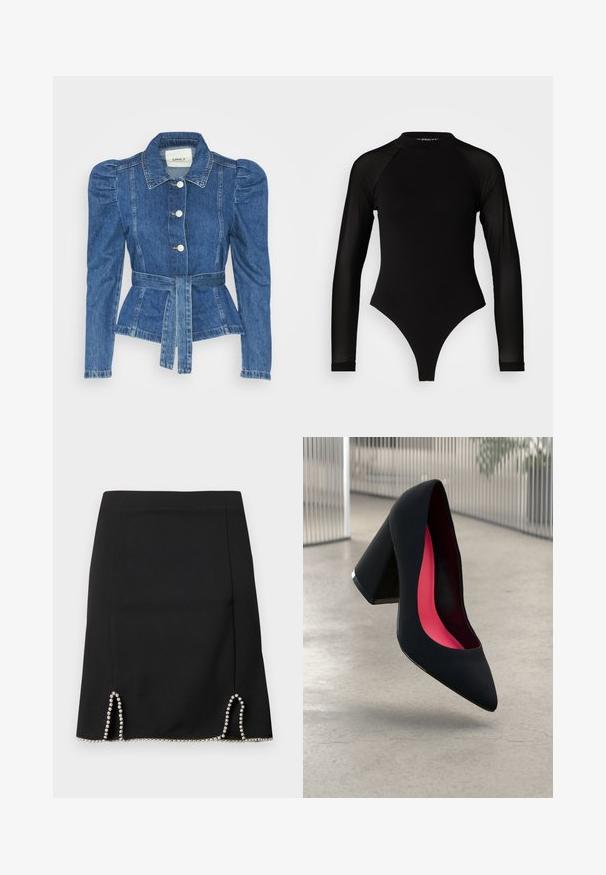Denim jacket with a belted waist, fitted bodice, and puffed shoulders. Medium blue color, structured design, and front button closures.; Black long-sleeve bodysuit with a high neck, featuring solid fabric on the torso and sheer mesh sleeves, designed in a fitted shape.; Black skirt featuring a fitted design with silver bead accents along the hem and decorative cut-outs at the sides. Smooth fabric texture.; Black high heel shoe with a pointed toe, textured surface, and a vibrant pink interior. Features a chunky heel with silver accent.