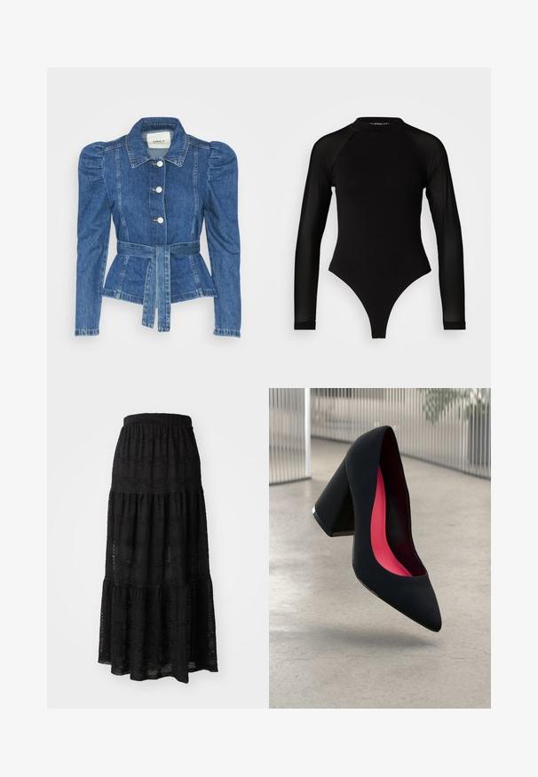 Džínová bunda s opaskom v páse, priliehavým telom a vypúknutými ramenami. Stredne modrá farba, štruktúrovaný dizajn a predné gombíkové zapínanie.; Čierny dlhý rukáv body s vysokým golierom, s pevným látkovým trupom a priehľadnými sieťovinovými rukávmi, navrhnuté v priliehavom strihu.; Čierna maxi sukňa z textúrovanej látky, s tiered dizajnom a zhromaždeným pásom, s jemnými vlnkovými vzormi po celom povrchu.; Čierna lodička na vysokom opätku s špicatou špičkou, štruktúrovaným povrchom a živým ružovým interiérom. Obsahuje robustný opätok so strieborným akcentom.