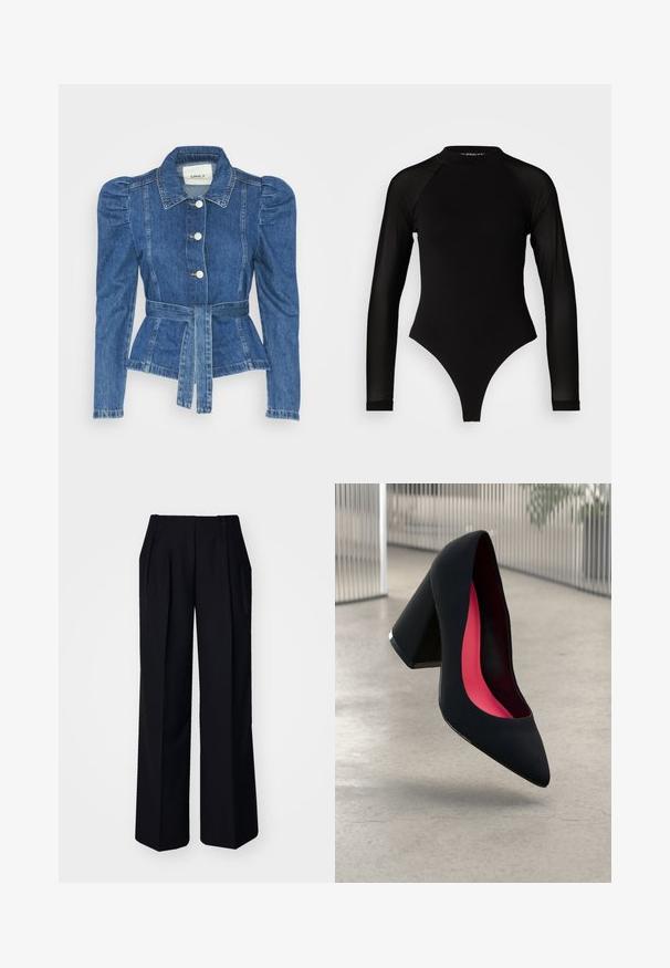 Džínová bunda s opaskom v páse, priliehavým telom a vypúknutými ramenami. Stredne modrá farba, štruktúrovaný dizajn a predné gombíkové zapínanie.; Čierny dlhý rukáv body s vysokým golierom, s pevným látkovým trupom a priehľadnými sieťovinovými rukávmi, navrhnuté v priliehavom strihu.; Čierne široké nohavice s prehybmi, vyrobené z hladkej látky. Obsahujú zapínanie na gombík a bočné vrecká. Čistý, rovný strih.; Čierna lodička na vysokom opätku s špicatou špičkou, štruktúrovaným povrchom a živým ružovým interiérom. Obsahuje robustný opätok so strieborným akcentom.