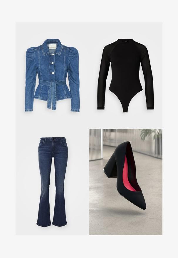 Džínová bunda s páskem v pase, přiléhavým střihem a nadýchanými ramenními vycpávkami. Středně modrá barva, strukturovaný design a zapínání na knoflíky vpředu.; Černý body s dlouhým rukávem a vysokým límcem, s pevným materiálem na trupu a průhlednými síťovanými rukávy, navržený v přiléhavém střihu.; Tmavě modré rozšířené džíny vyrobené z denimu, s přiléhavým pasem, pětikošilkovým designem a mírným vyblednutím pro texturu na stehnech a kolenou.; Černá vysoká podpatková bota s špičatou špičkou, texturovaným povrchem a živým růžovým interiérem. Obsahuje masivní podpatek se stříbrným akcentem.