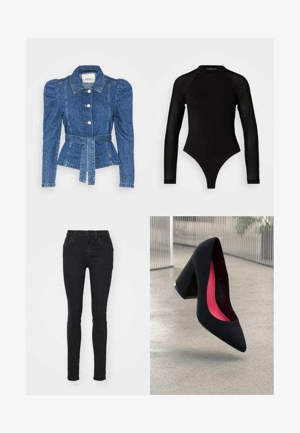 Farmer dzseki övvel a deréknál, testhez simuló fazon és puffos vállakkal. Középkék szín, struktúrált kialakítás és elöl gombos záródás.; Fekete, hosszú ujjú body, magas nyakkal, melynek testrésze sima anyagból készült, míg az ujjai áttetsző hálós anyagból vannak, testhezálló fazonban.; Fekete, slim-fit farmernadrág, gombos záródással, elülső zsebekkel és minimális varrási részletekkel. Simára textúrált klasszikus dizájn.; Fekete, hegyes orrú, magas sarkú cipő, texturált felsőrésszel. Belsejében élénk rózsaszín bélés található. Négyzet alakú sarok, alján fémes díszítéssel.