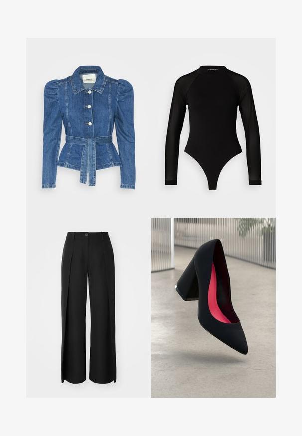 Džínová bunda s páskem v pase, přiléhavým střihem a nadýchanými ramenními vycpávkami. Středně modrá barva, strukturovaný design a zapínání na knoflíky vpředu.; Černý body s dlouhým rukávem a vysokým límcem, s pevným materiálem na trupu a průhlednými síťovanými rukávy, navržený v přiléhavém střihu.; Černé široké kalhoty vyrobené z hladké látky mají přední záhyby, jedno tlačítko na zapínání a poutka na opasek.; Černá vysoká podpatková bota s špičatou špičkou, texturovaným povrchem a živým růžovým interiérem. Obsahuje masivní podpatek se stříbrným akcentem.