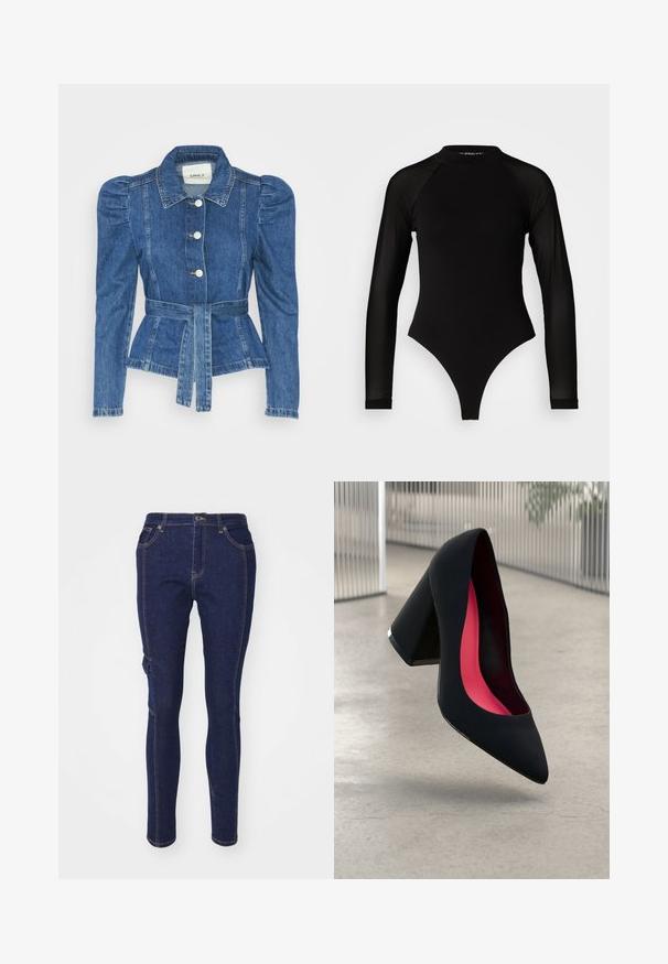 Traper jakna s pojasom u struku, prilagođenim tijelom i nabranim ramenima. Srednje plava boja, strukturirani dizajn i prednje kopčanje na tipke.; Crni bodi s dugim rukavima i visokim ovratnikom, s čvrstom tkaninom na trupu i prozirnim mrežastim rukavima, dizajniran u uskom kroju.; Tamno plave traperice uskog kroja, s klasičnim dizajnom od pet džepova i kontrastnim narančastim šavovima. Nema izraženih uzoraka ili naglasaka.; Crna cipele na visoku petu sa špicastim vrhom i teksturiranim gornjim dijelom. Unutrašnjost s jarko ružičastim podstavom. Kvadratna peta s metalnim detaljem na bazi.