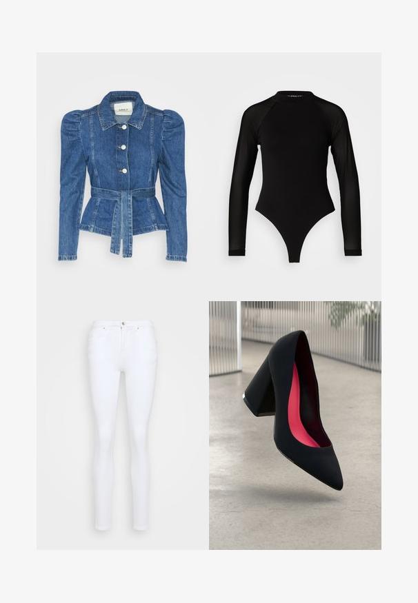 Casaco de ganga com cintura ajustada, corpete justo e ombros bufantes. Cor azul média, design estruturado e fecho frontal por botões.; Body preto de manga longa com gola alta, apresentando tecido sólido no tronco e mangas transparentes em rede, desenhado em forma ajustada.; Jeans brancos skinny feitos de denim, com uma cintura alta, cinco bolsos, fecho de botão e um acabamento liso e sólido.; Sapato de salto alto preto com bico puntiagudo, superfície texturizada e um interior vibrante em rosa. Apresenta um salto grosso com detalhe em prata.