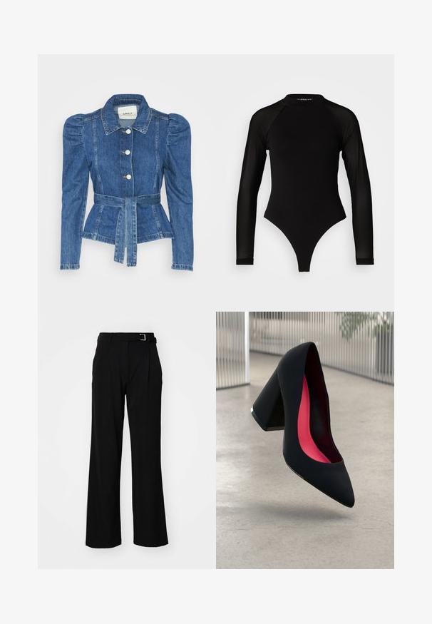 Jeansjakke med belte i midjen, tettsittende midje og puffede skuldre. Medium blå farge, strukturert design og frontknapper.; Svart langermet bodysuit med høy hals, med solid stoff på torselet og gjennomsiktige mesh-ermer, designet i en tettsittende fasong.; Svarte bredbukser med en jevn tekstur, som har et belte med sølvfarget metall og to frontfolder for ekstra detaljer.; Svart sko med høye hæler, spiss tå og strukturert overdel. Innvendig har den en lys rosa fôring. Kvadratisk hæl med metallisk aksent ved basen.